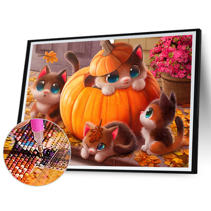 Kitten In A Pumpkin Can - Full Round Drill Diamond Painting 40*30CM