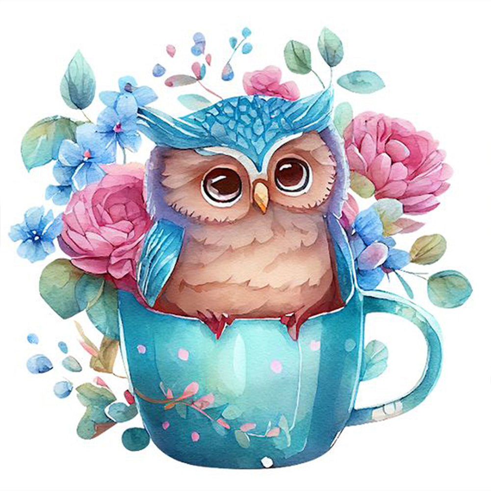 Blue Flower Owl - Full Round Drill Diamond Painting 30*30CM