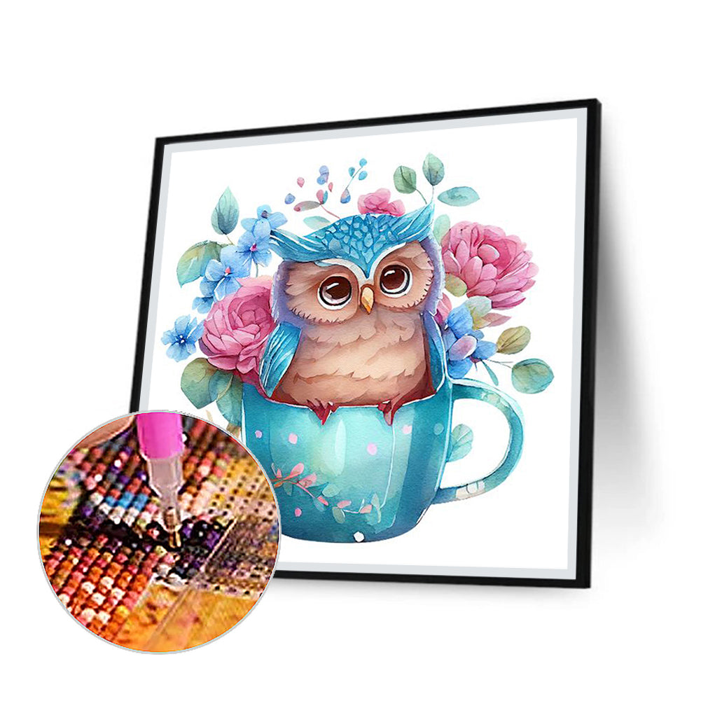 Blue Flower Owl - Full Round Drill Diamond Painting 30*30CM