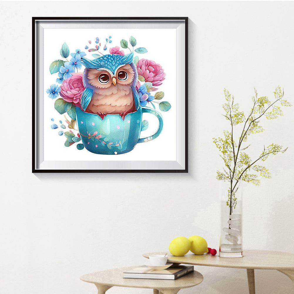 Blue Flower Owl - Full Round Drill Diamond Painting 30*30CM