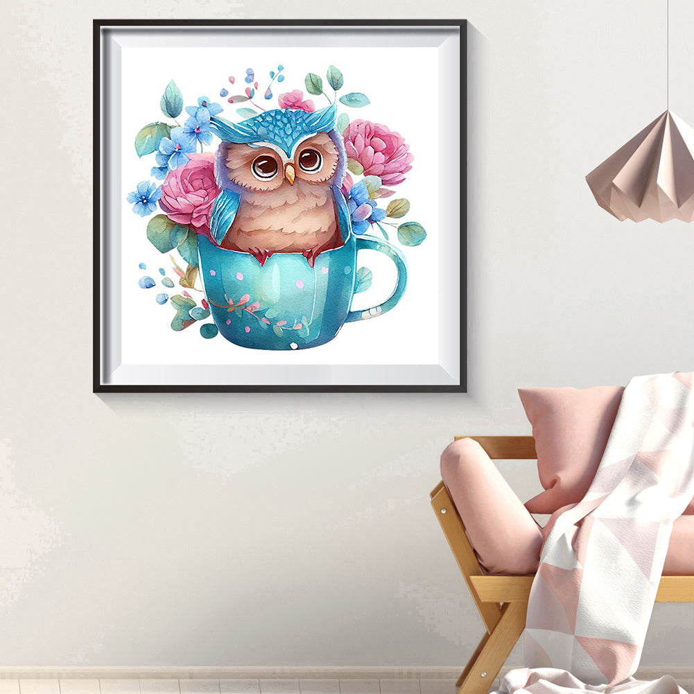 Blue Flower Owl - Full Round Drill Diamond Painting 30*30CM