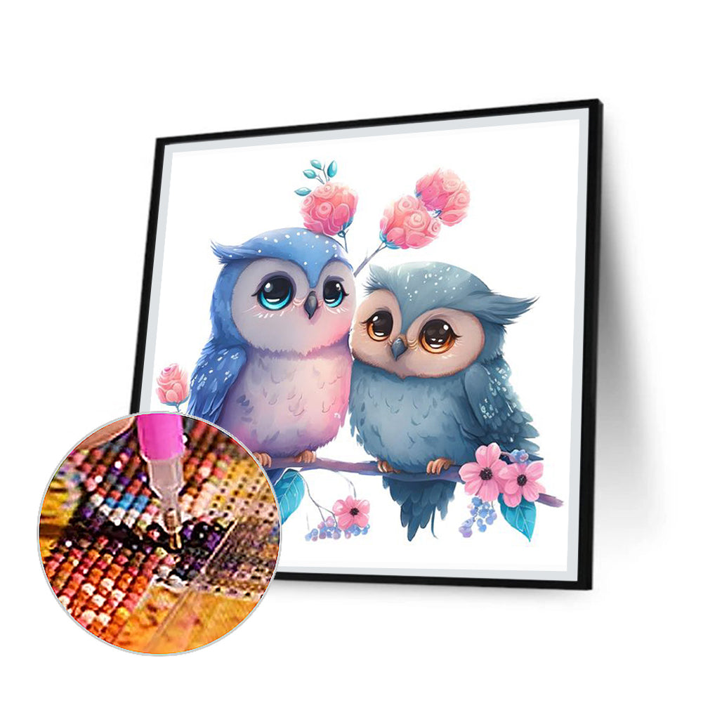 Blue Flower Owl - Full Round Drill Diamond Painting 30*30CM