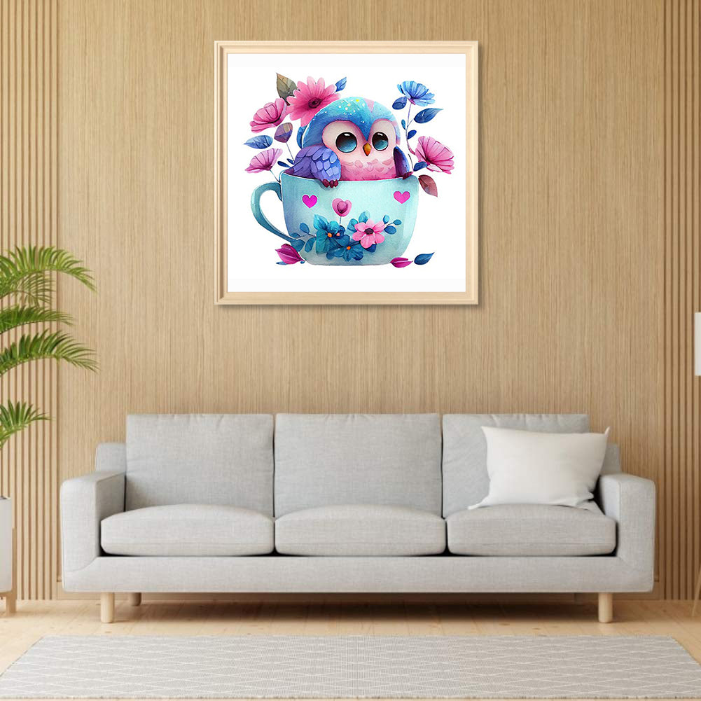 Blue Flower Owl - Full Round Drill Diamond Painting 30*30CM