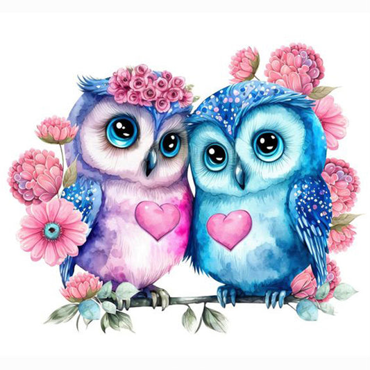 Blue Flower Owl - Full Round Drill Diamond Painting 30*30CM