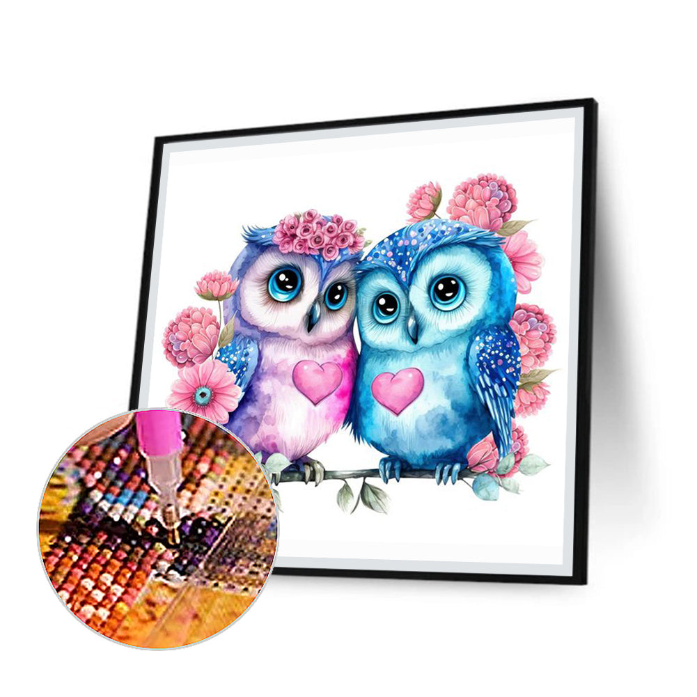 Blue Flower Owl - Full Round Drill Diamond Painting 30*30CM