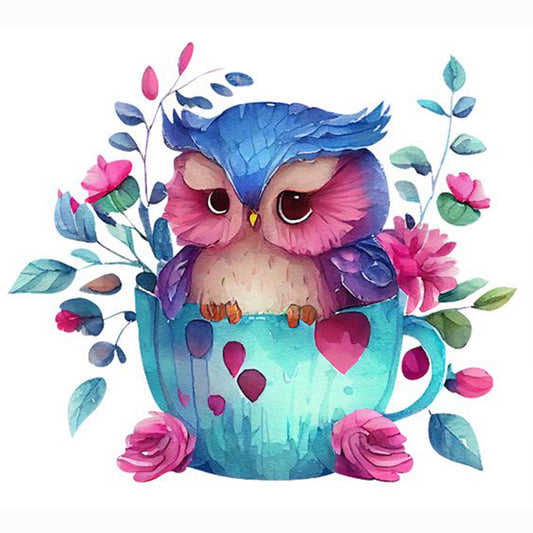 Blue Flower Owl - Full Round Drill Diamond Painting 30*30CM