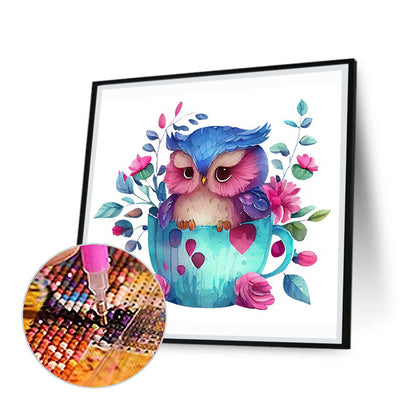 Blue Flower Owl - Full Round Drill Diamond Painting 30*30CM