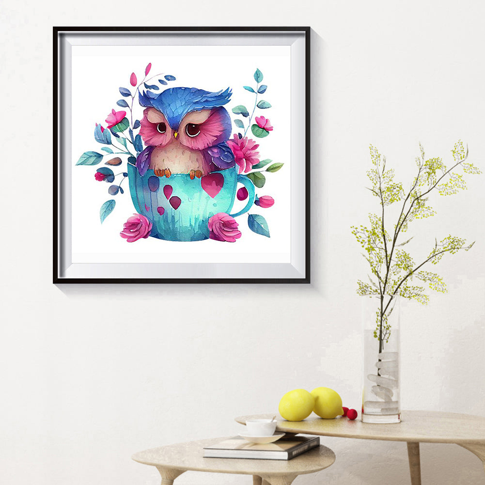 Blue Flower Owl - Full Round Drill Diamond Painting 30*30CM