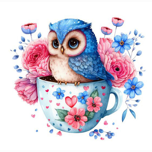 Blue Flower Owl - Full Round Drill Diamond Painting 30*30CM