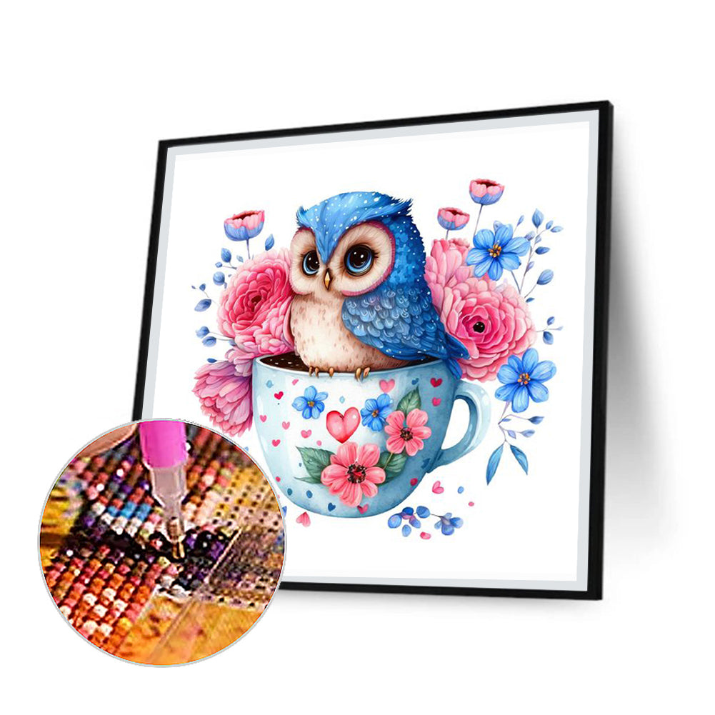 Blue Flower Owl - Full Round Drill Diamond Painting 30*30CM