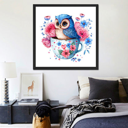 Blue Flower Owl - Full Round Drill Diamond Painting 30*30CM