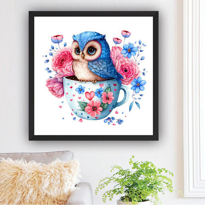 Blue Flower Owl - Full Round Drill Diamond Painting 30*30CM