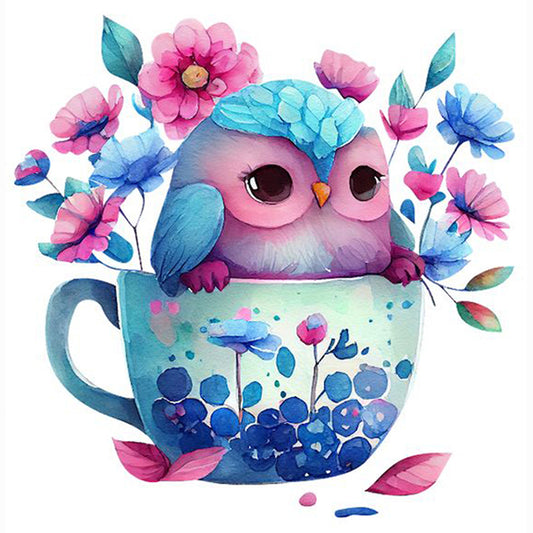 Blue Flower Owl - Full Round Drill Diamond Painting 30*30CM