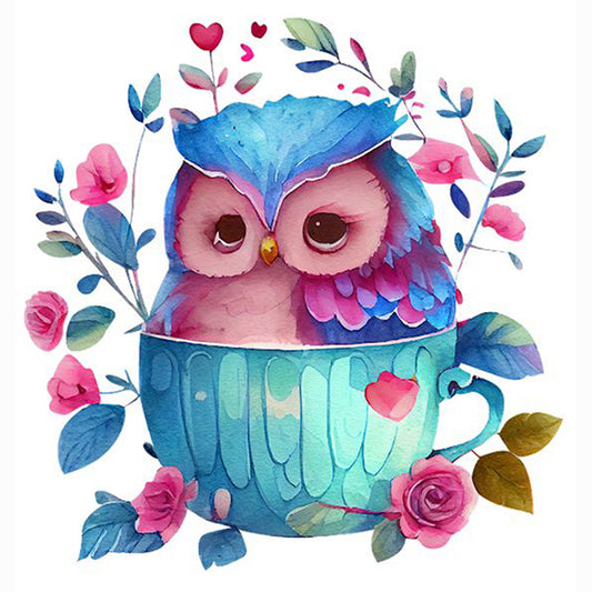 Blue Flower Owl - Full Round Drill Diamond Painting 30*30CM