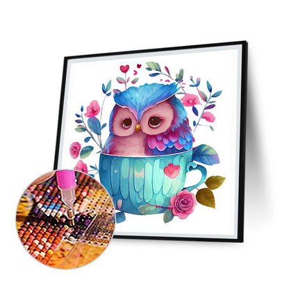 Blue Flower Owl - Full Round Drill Diamond Painting 30*30CM