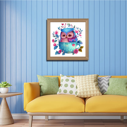 Blue Flower Owl - Full Round Drill Diamond Painting 30*30CM