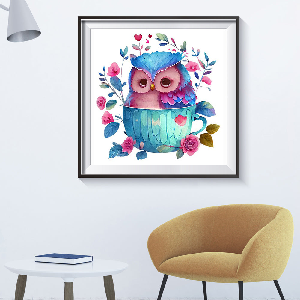 Blue Flower Owl - Full Round Drill Diamond Painting 30*30CM