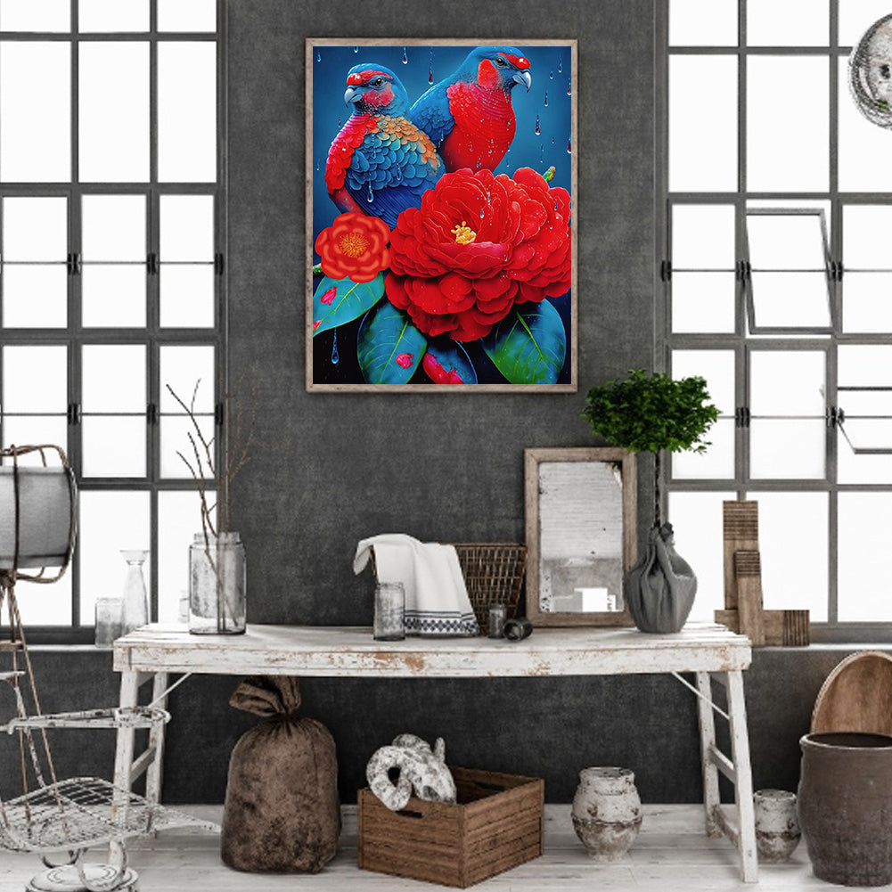 Red Flower Parrot - Full Round Drill Diamond Painting 30*40CM
