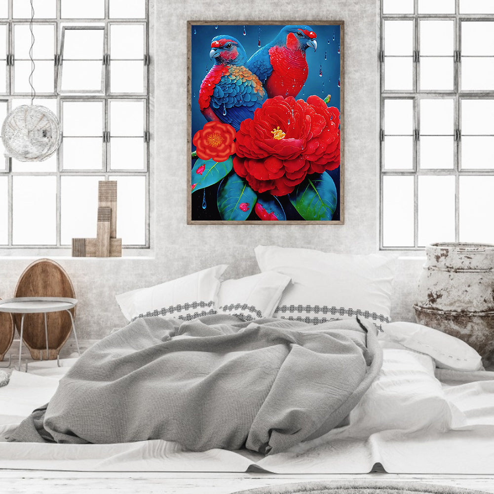 Red Flower Parrot - Full Round Drill Diamond Painting 30*40CM
