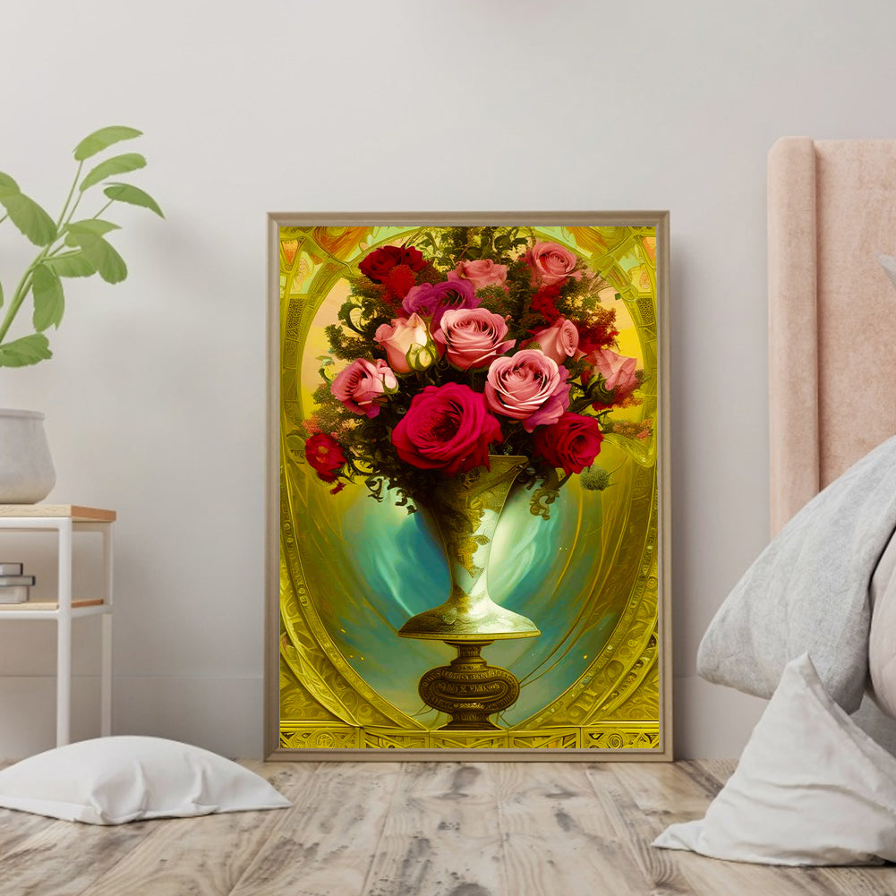 Gorgeous Rose Bouquet In Vase - Full Round Drill Diamond Painting 30*40CM