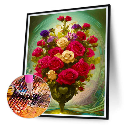 Gorgeous Rose Bouquet In Vase - Full Round Drill Diamond Painting 30*40CM