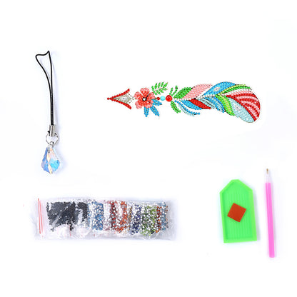 6pcs Point Drill Bookmark Art Craft DIY Single Side Feather with Crystal Pendant