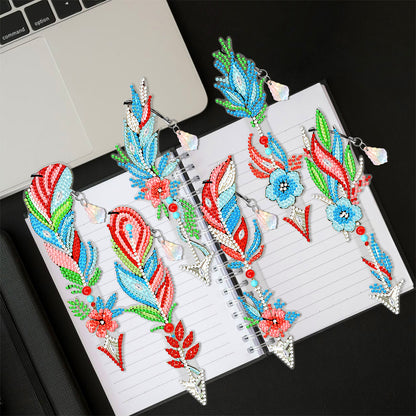 6pcs Point Drill Bookmark Art Craft DIY Single Side Feather with Crystal Pendant