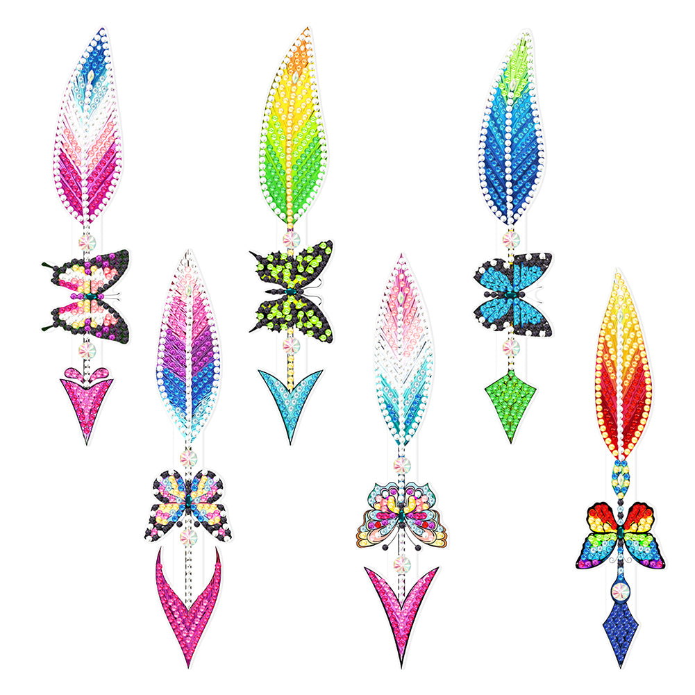 6pcs Point Drill Bookmark Art Craft DIY Single Side Feather with Crystal Pendant