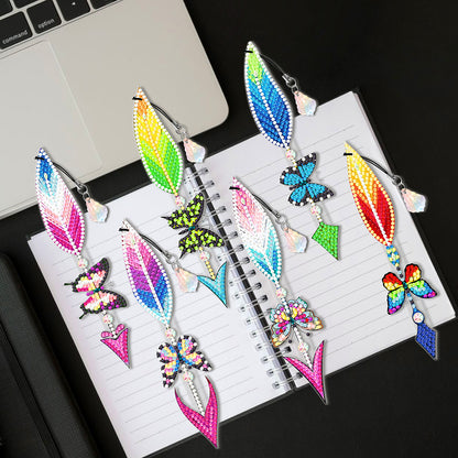 6pcs Point Drill Bookmark Art Craft DIY Single Side Feather with Crystal Pendant