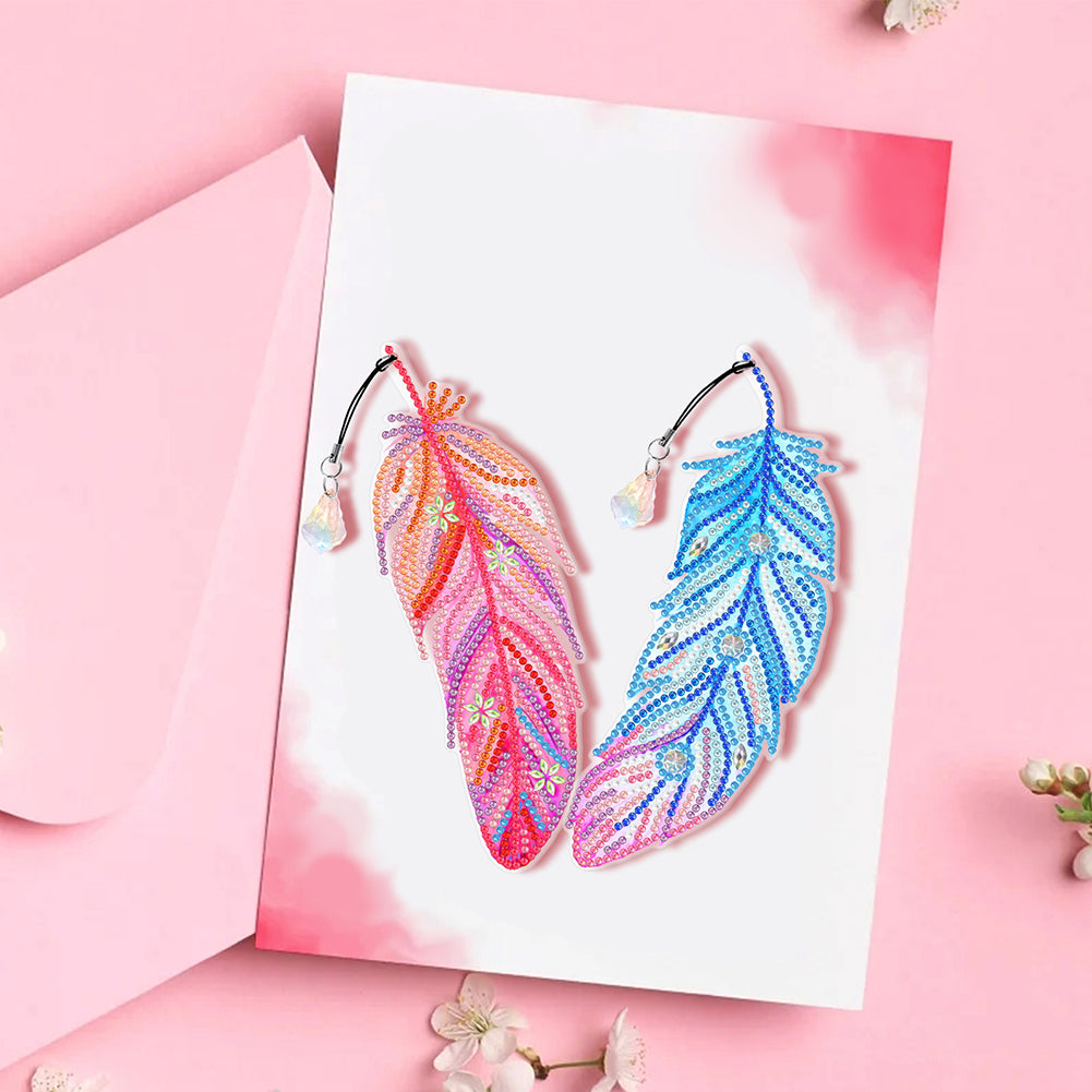 6pcs Point Drill Bookmark Art Craft DIY Single Side Feather with Crystal Pendant