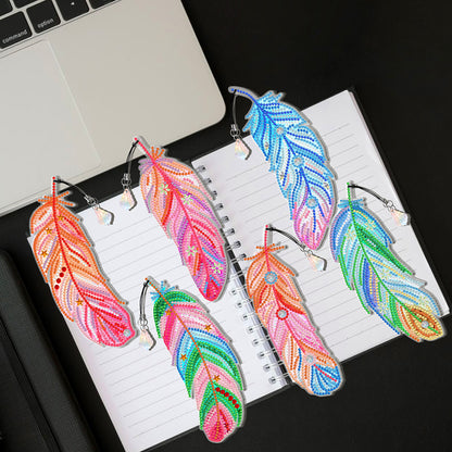 6pcs Point Drill Bookmark Art Craft DIY Single Side Feather with Crystal Pendant