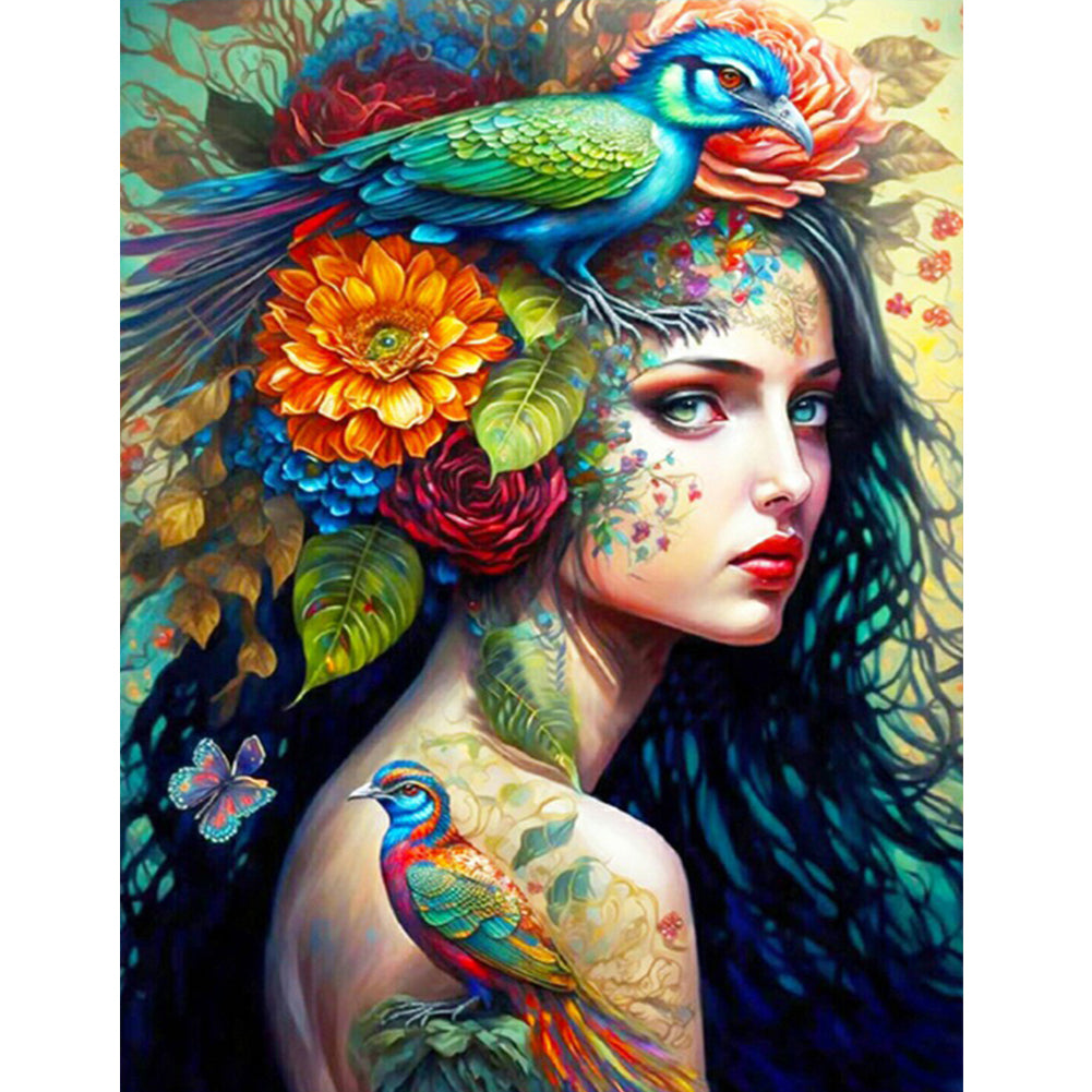 Personality Girl Flowers And Birds Back - Full Round Drill Diamond Painting 30*40CM