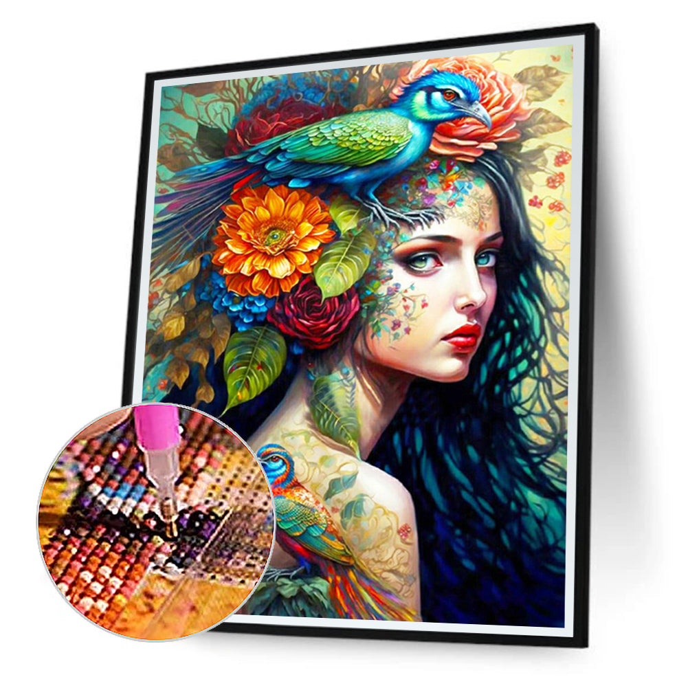 Personality Girl Flowers And Birds Back - Full Round Drill Diamond Painting 30*40CM