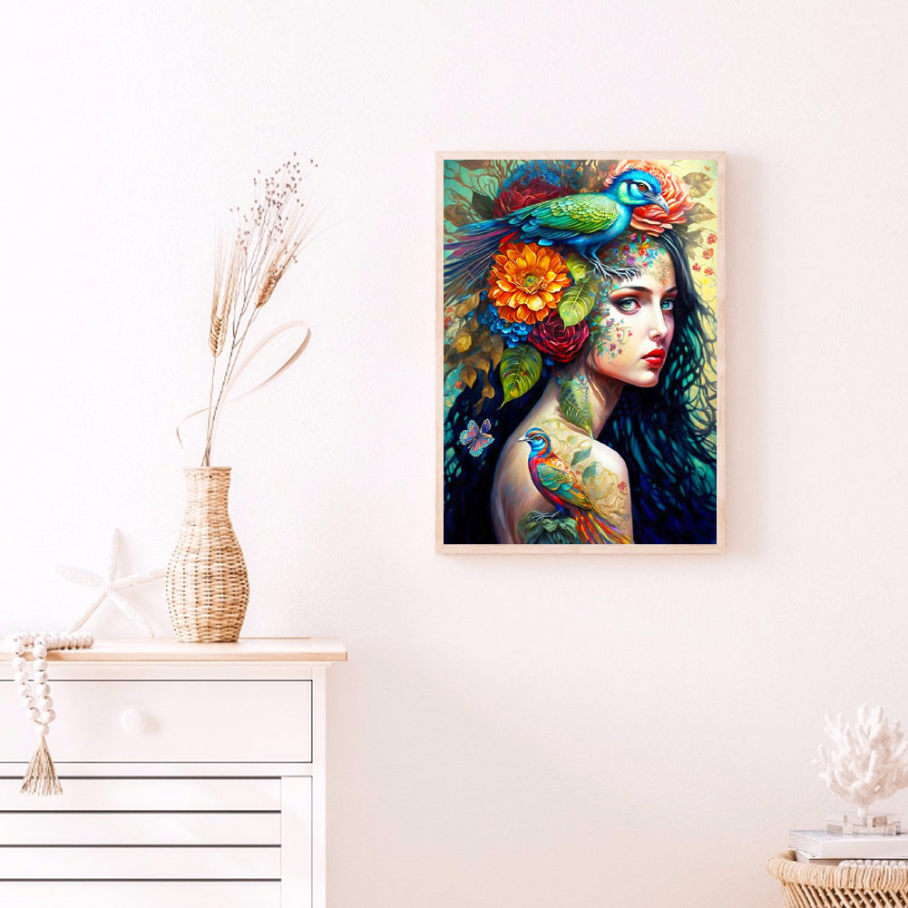 Personality Girl Flowers And Birds Back - Full Round Drill Diamond Painting 30*40CM