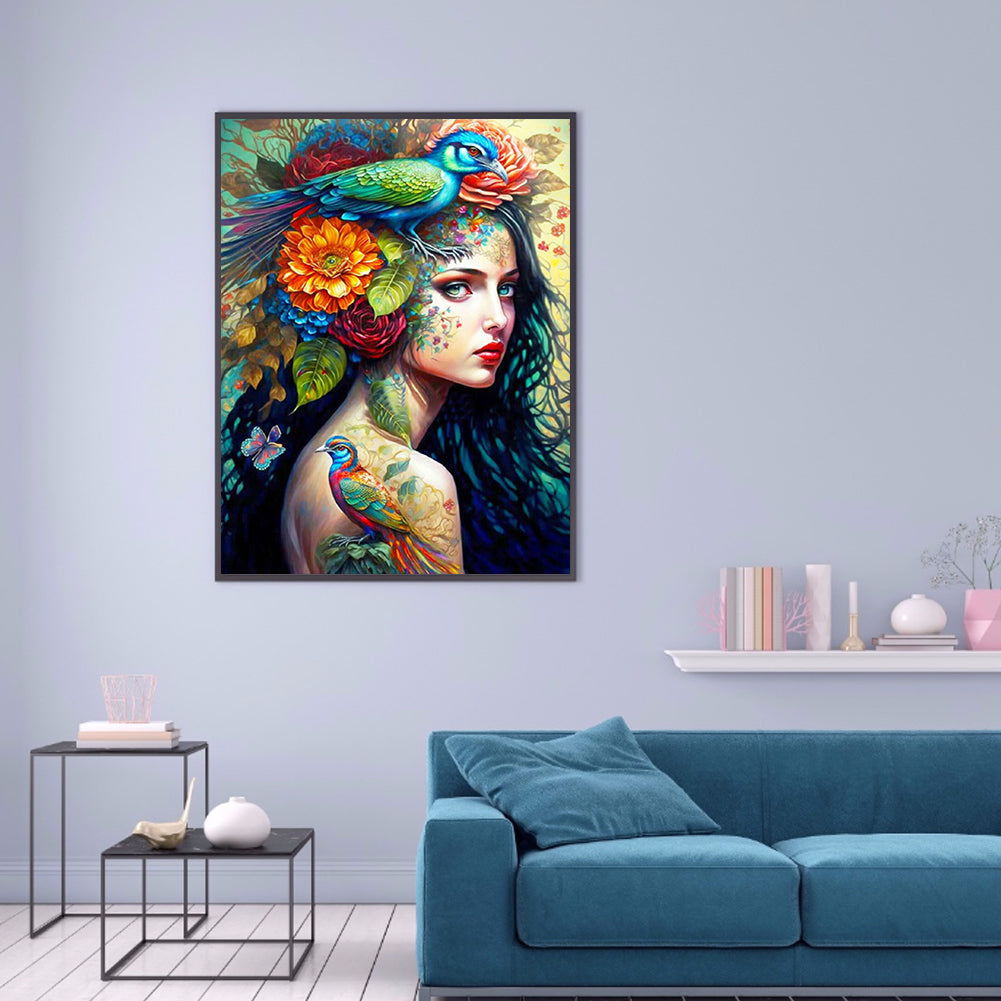 Personality Girl Flowers And Birds Back - Full Round Drill Diamond Painting 30*40CM