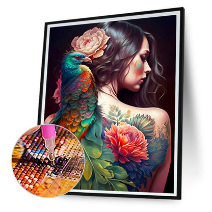 Personality Girl Flowers And Birds Back - Full Round Drill Diamond Painting 30*40CM