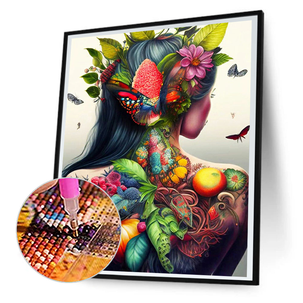 Personality Girl Flowers And Birds Back - Full Round Drill Diamond Painting 30*40CM