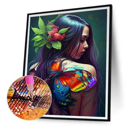 Personality Girl Flowers And Birds Back - Full Round Drill Diamond Painting 30*40CM