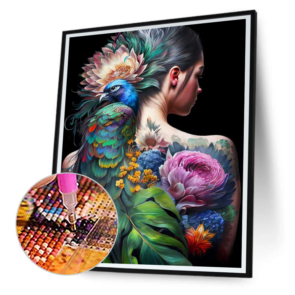 Personality Girl Flowers And Birds Back - Full Round Drill Diamond Painting 30*40CM