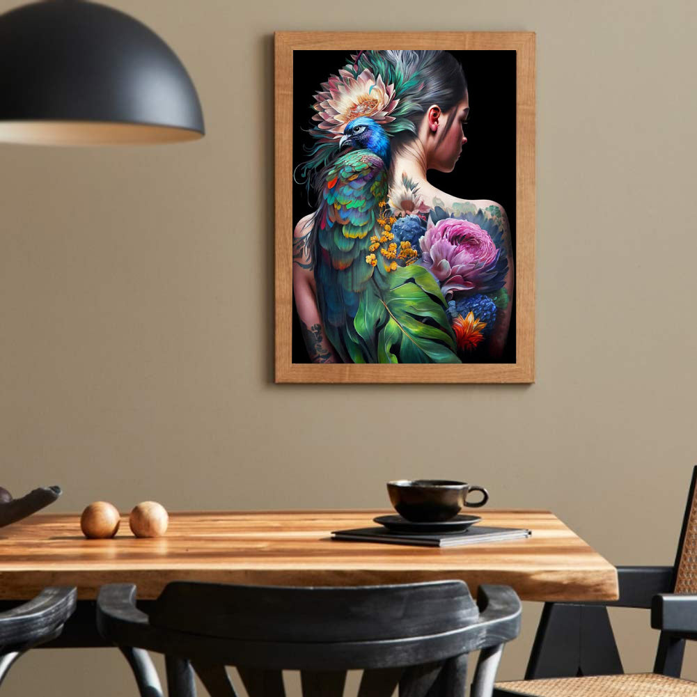 Personality Girl Flowers And Birds Back - Full Round Drill Diamond Painting 30*40CM