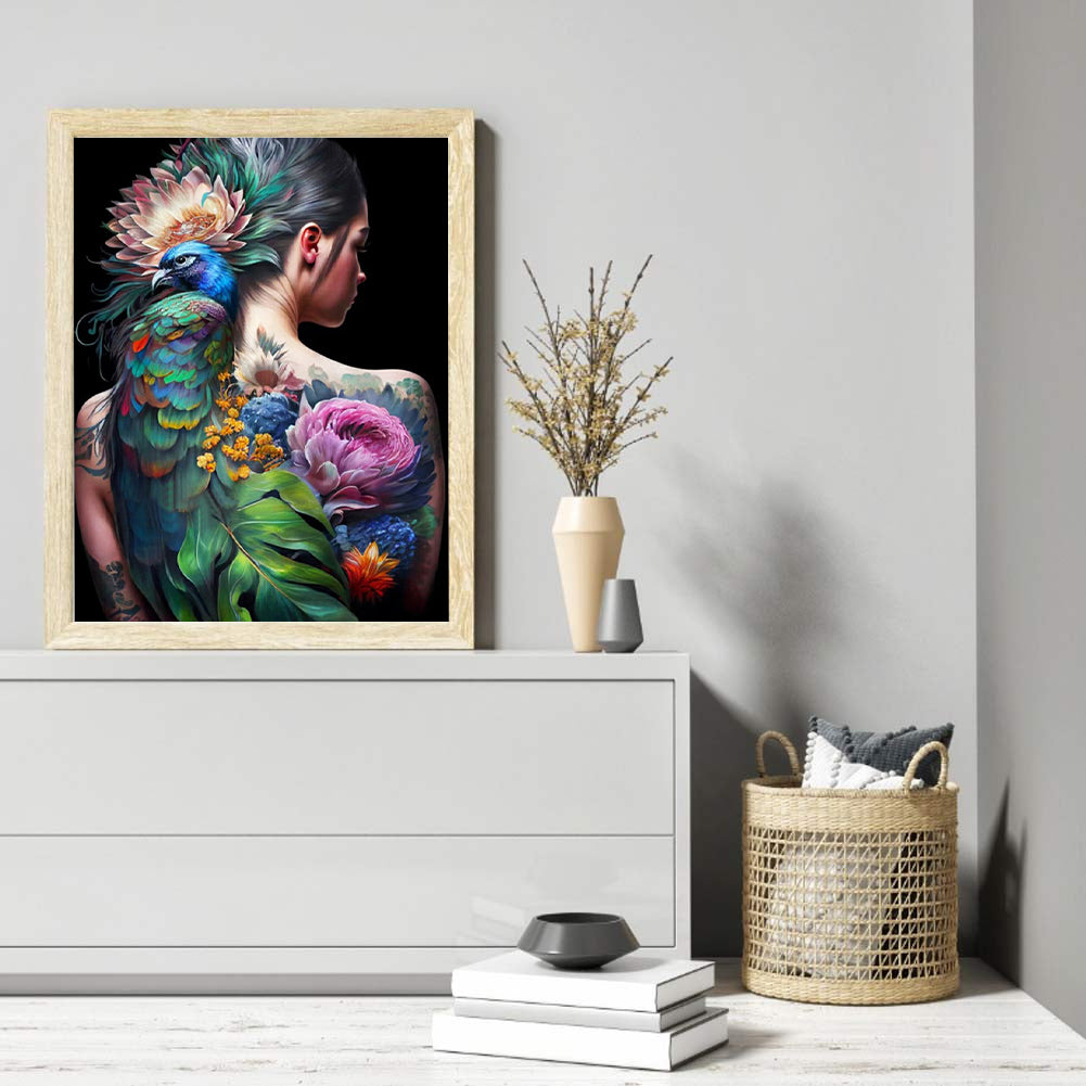 Personality Girl Flowers And Birds Back - Full Round Drill Diamond Painting 30*40CM