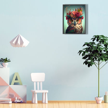 Owl With Flowers - Full Round Drill Diamond Painting 30*40CM