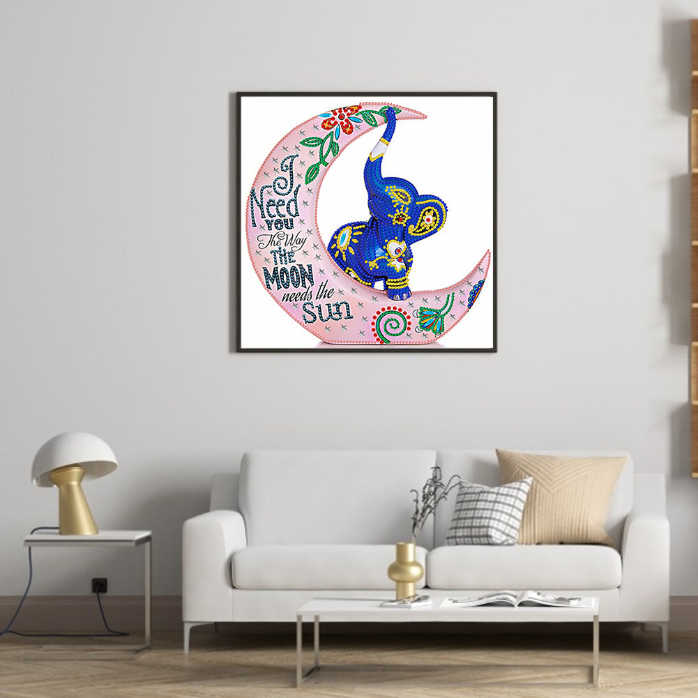 Crescent Moon Colorful Elephant - Special Shaped Drill Diamond Painting 30*30CM