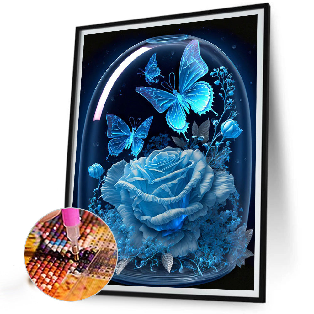 Blue Butterfly Rose - Full Round Drill Diamond Painting 30*40CM