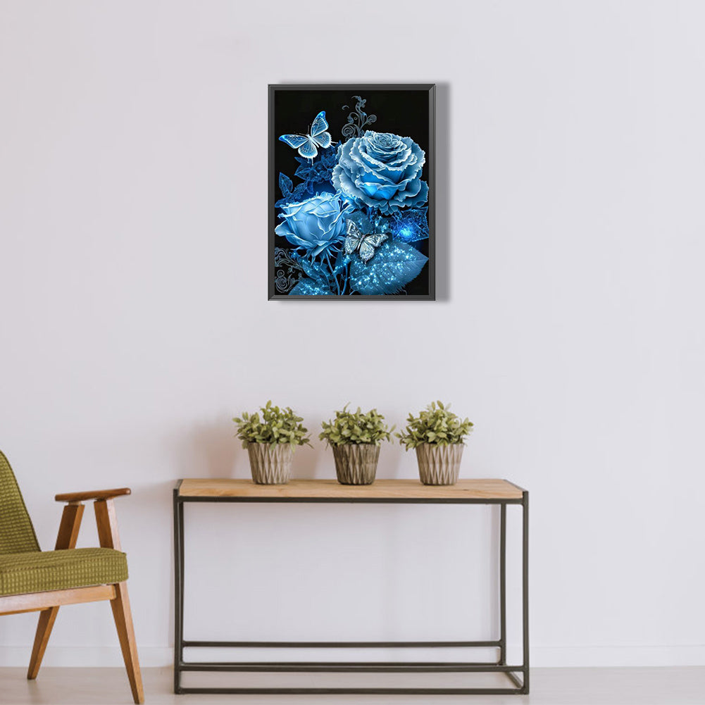 Blue Butterfly Rose - Full Round Drill Diamond Painting 30*40CM