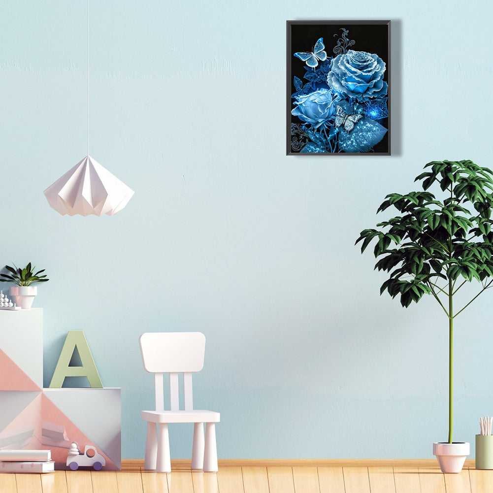 Blue Butterfly Rose - Full Round Drill Diamond Painting 30*40CM