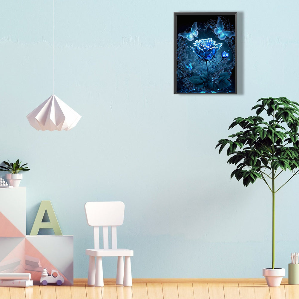 Blue Butterfly Rose - Full Round Drill Diamond Painting 30*40CM