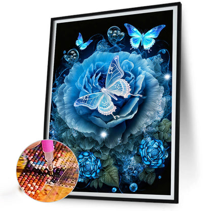 Blue Butterfly Rose - Full Round Drill Diamond Painting 30*40CM