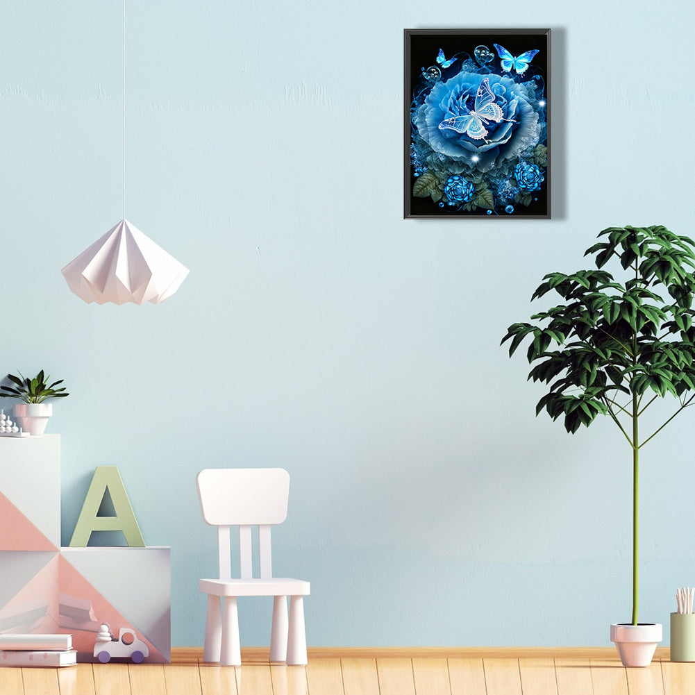 Blue Butterfly Rose - Full Round Drill Diamond Painting 30*40CM