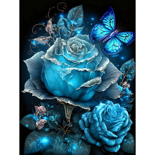 Blue Butterfly Rose - Full Round Drill Diamond Painting 30*40CM